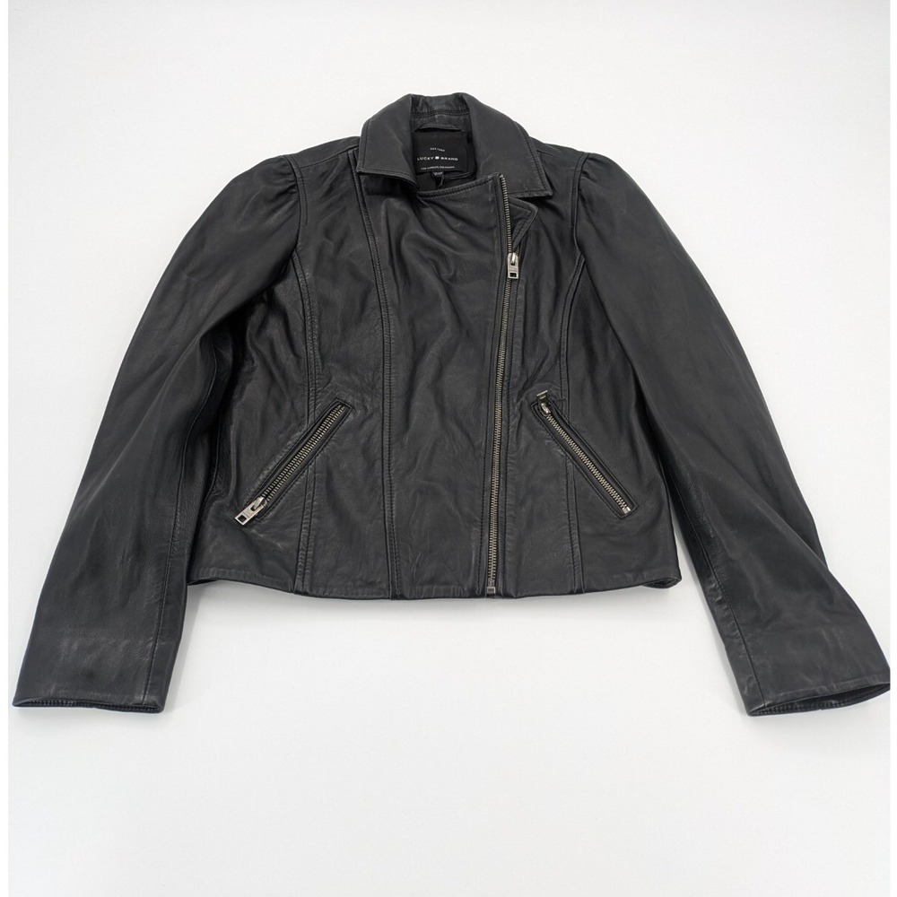 Lucky Brand Black Classic Leather Moto Jacket Womens Size XS Lambs‎ Leather